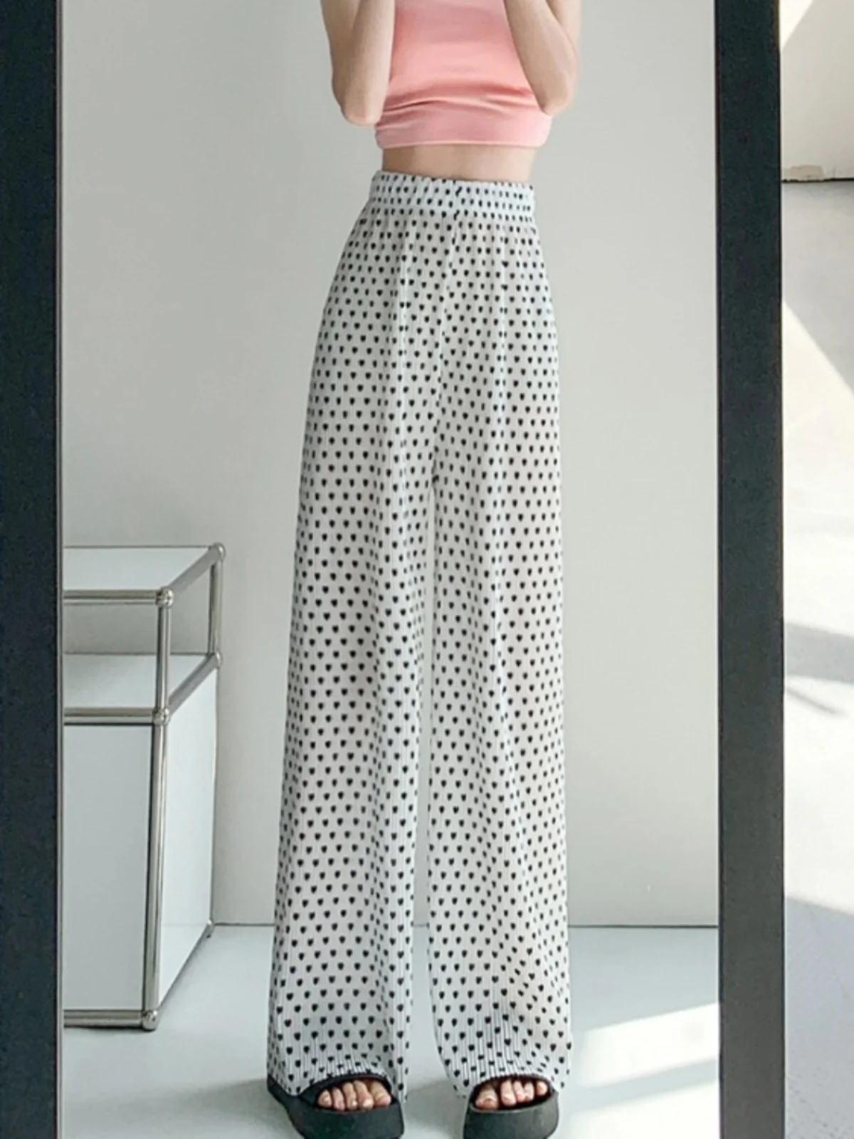 

2024 Women Summer New Polka-dot Wide-leg Pants Female Ice Silk Thin Straight Pant Ladies High Waist Loose Casual Trousers C189