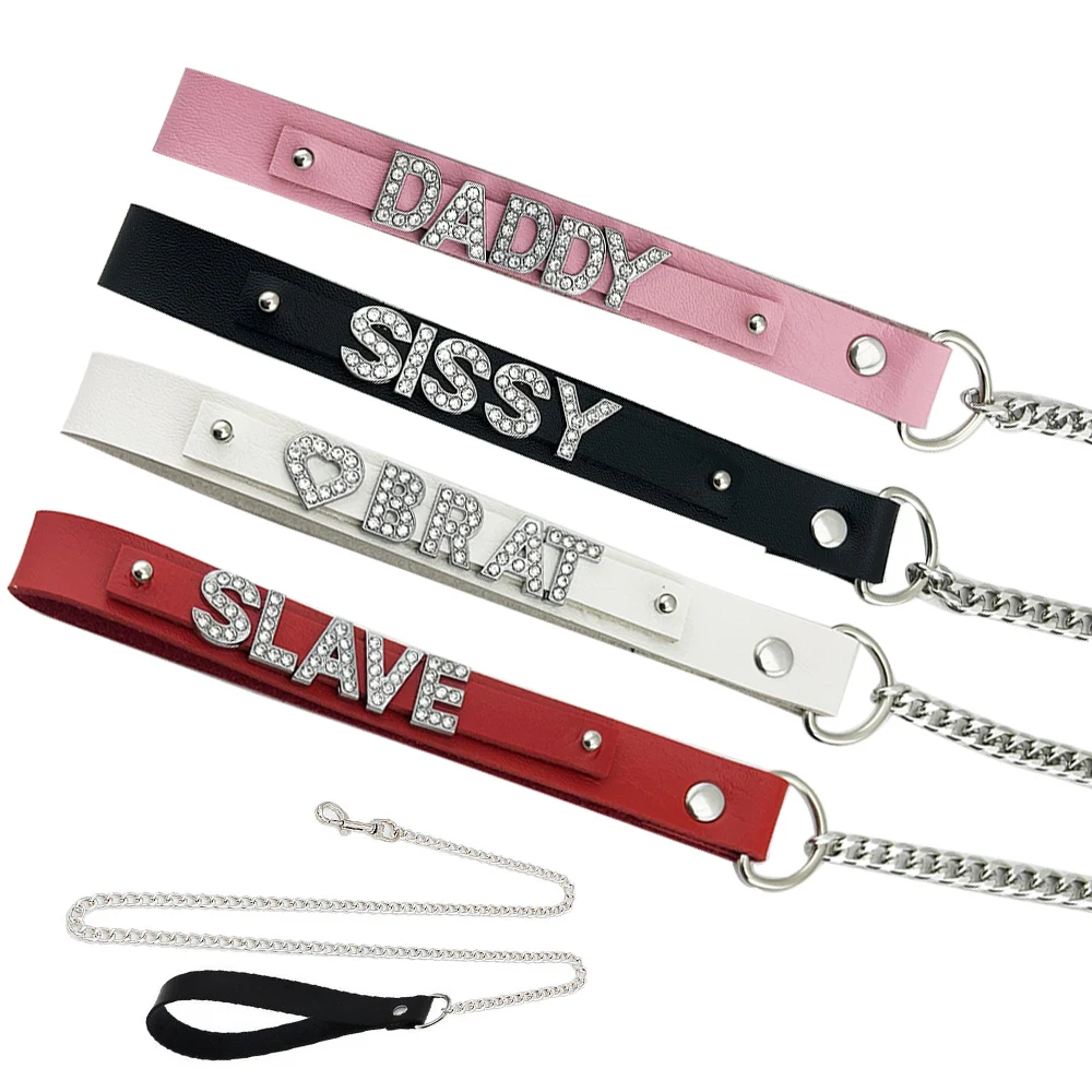 

Pu Leather Sexy Slave Leach Chain Customized Crystal Letter Name Collar Cosplay Accessories