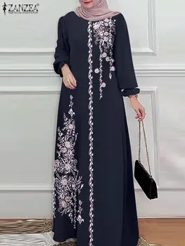 ZANZEA Women Vintage Long Sleeve Abaya Maxi Sundress Fashion Marocain Dubai Turkey Vestido Robe Femme Floral Print Muslim Dress