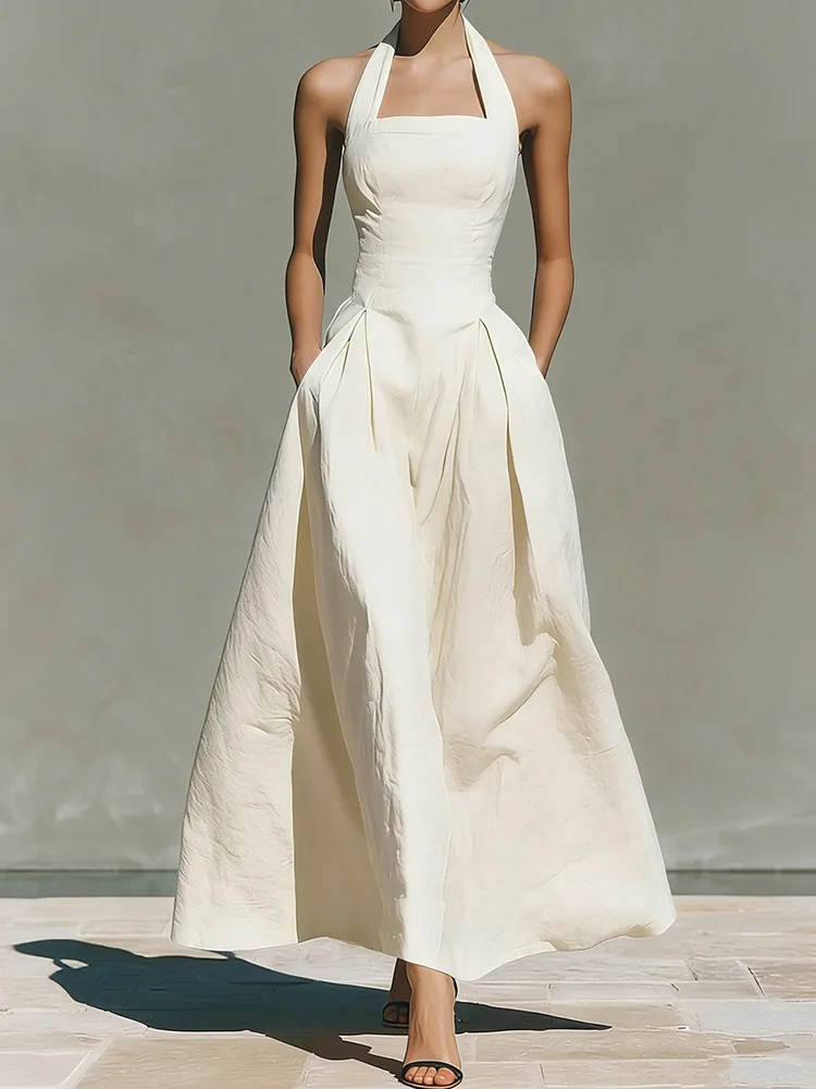Summer Halter Neck Chic Sleeveless Maxi Dress Women Casual Patchwork Solid Color Holiday Party Fashion Ladies Dress Streetwear 1