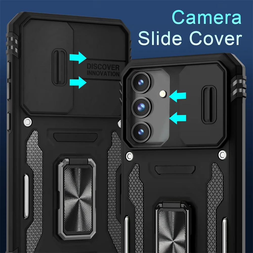 Case For Samsung S25 S24 S23 S22 S21  Ultra Plus FE A55 A35 A15 A54 A56 A36 4G 5G Ring Stand Armor Slide Camera Kickstand Cover