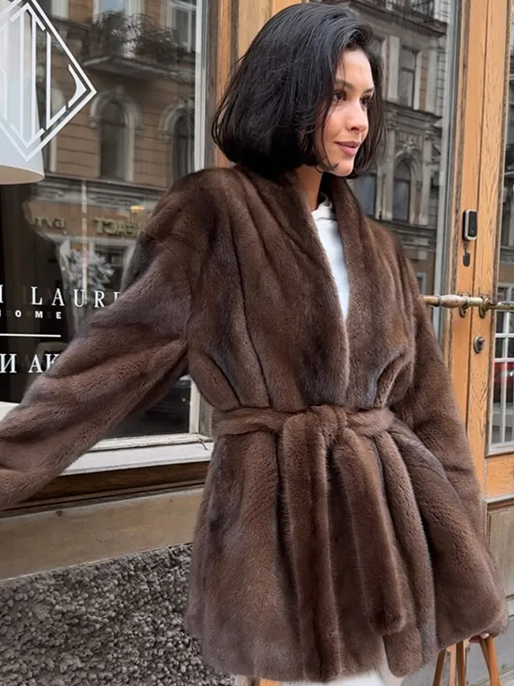 Elegant Lace Up Faux Fur Coat Women Fashion V-neck Long Sleeve Loose Plush Jacket 2025 Winter Lady Warm Daily Commute Outwear 2