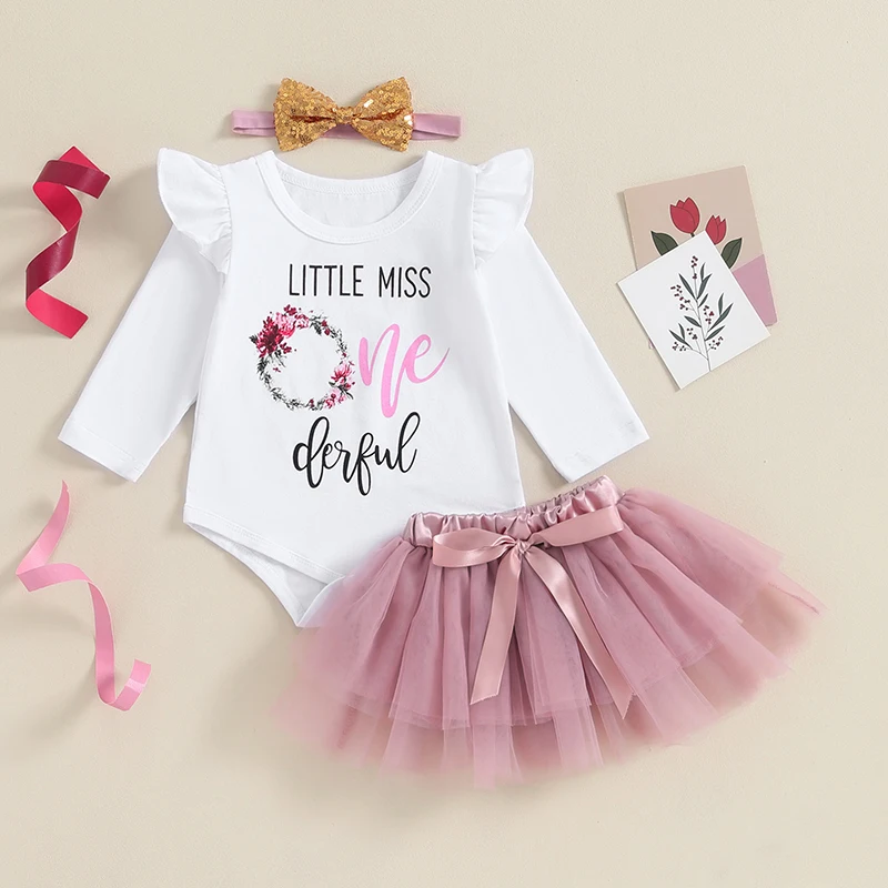 

2023-10-20 Lioraitiin 0-18M Baby Girl Birthday Outfits Letter Floral Print Long Sleeve Rompers Layered Tulle Skirts Headband Set