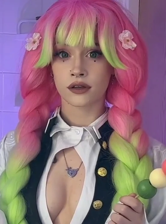 New Braided Wigs Anime Kanroji Mitsuri Cosplay Wigs Thickened Gradient Twist Braid Synthetic Lolita Wig