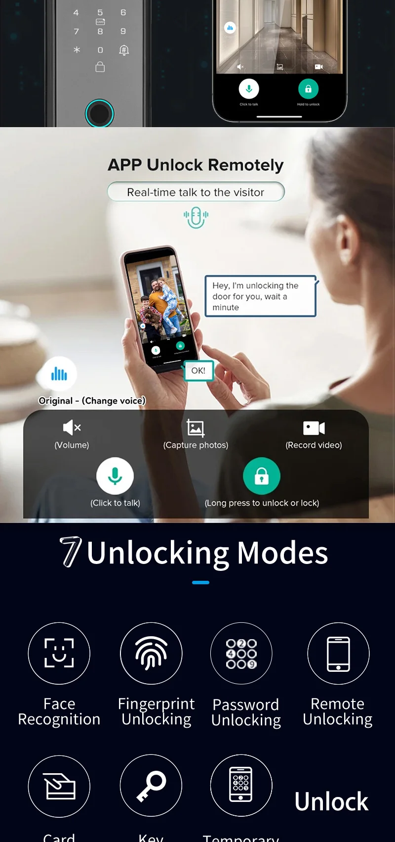 Tuya APP Smart Life APP Control Voice Intercom Smart Lock 3D Face Recognition Fingerprint Password Smart Door Lock With Camera