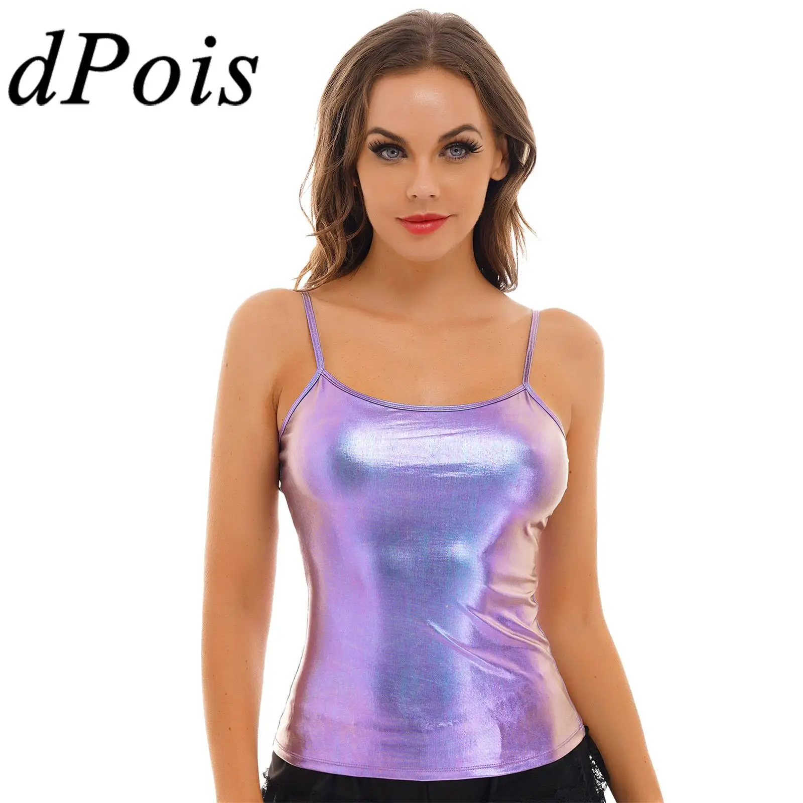 

Women Shiny Patent Leather Sleeveless Vest Camis Top Spaghetti Straps Metallic Tank Top For Hip Hop Pole Dance Costume Clubwear