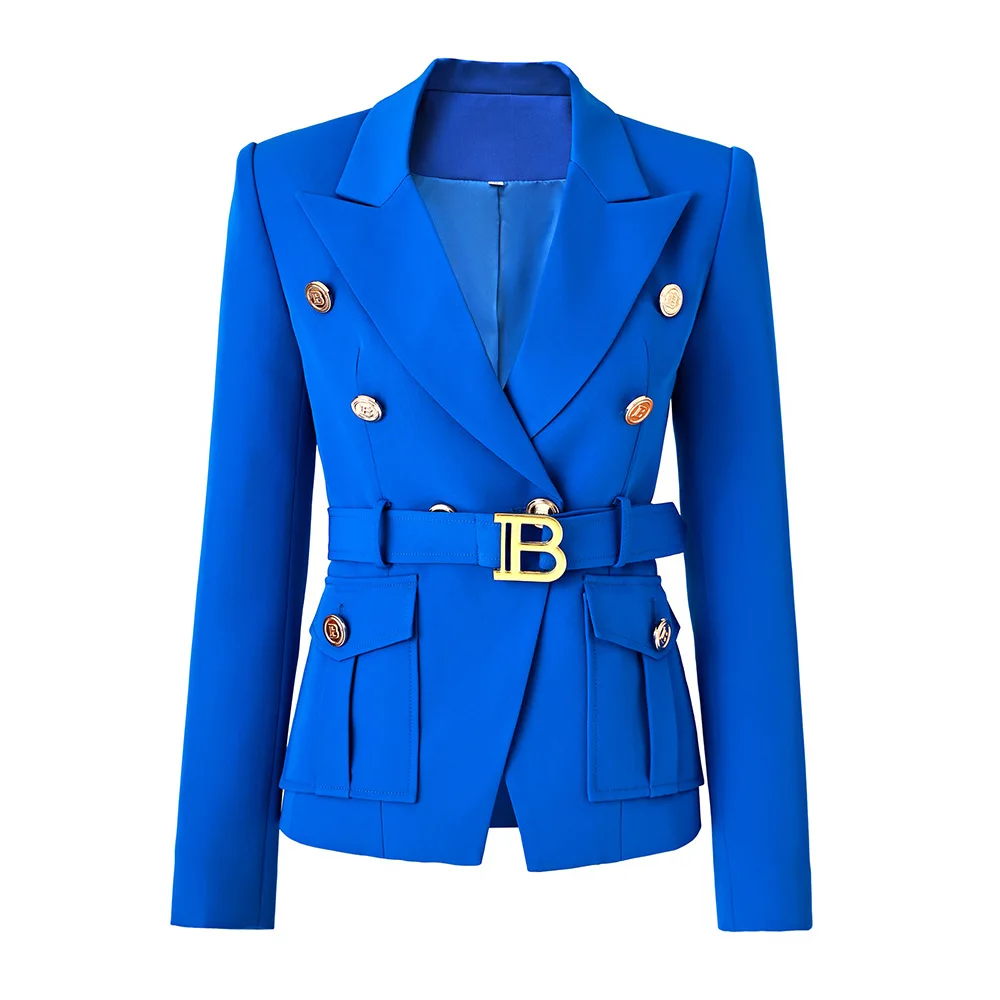 

Autumn and Winter Long sleeved Women's Small Suit Commuter Professional Suit Belt Slim Fit Fashion Coat Blue Double breasted
