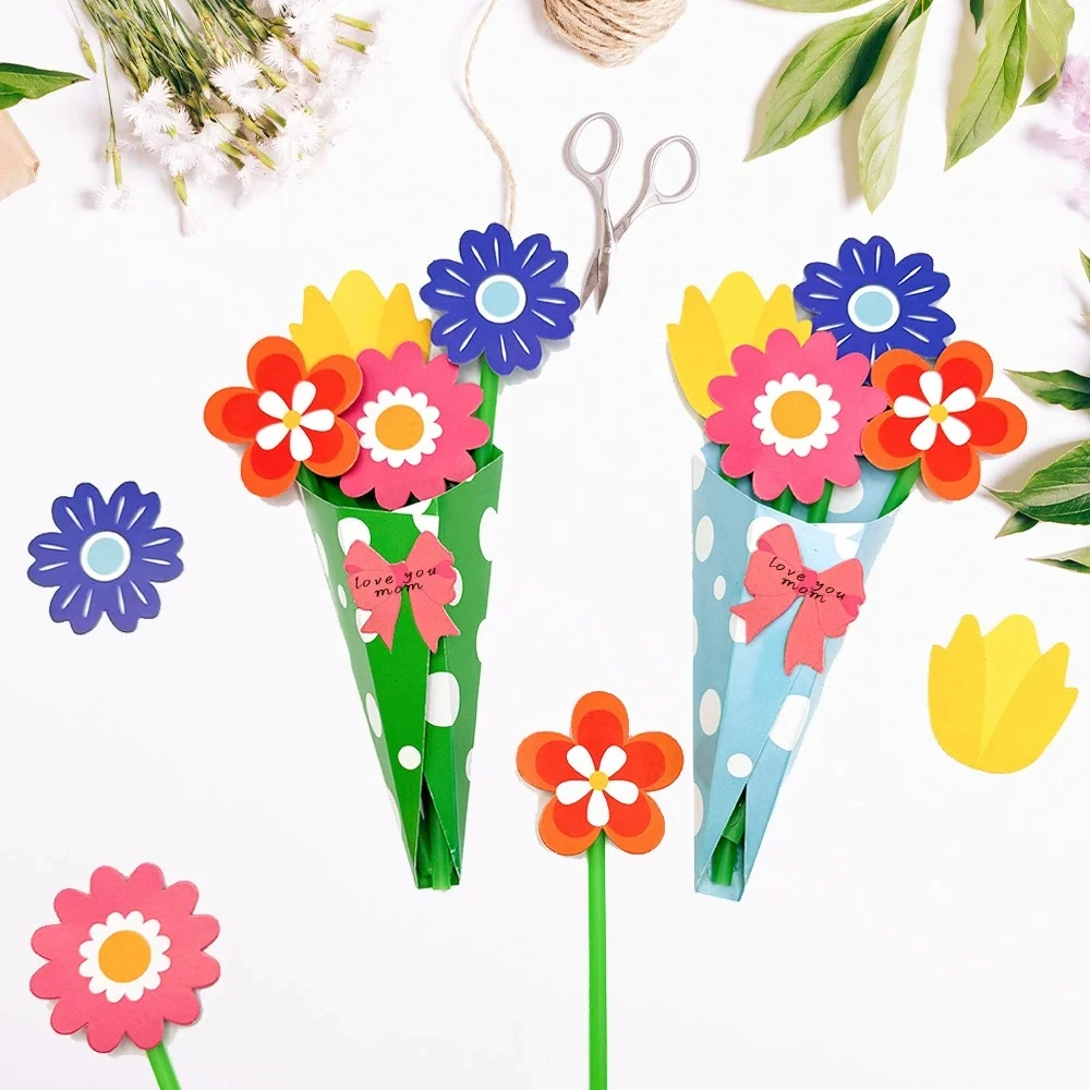 Flower Pattern 3D Foldable Bouquet Greeting Card Blessing Words Wedding Invitation DIY Card Birthday Gift Greeting