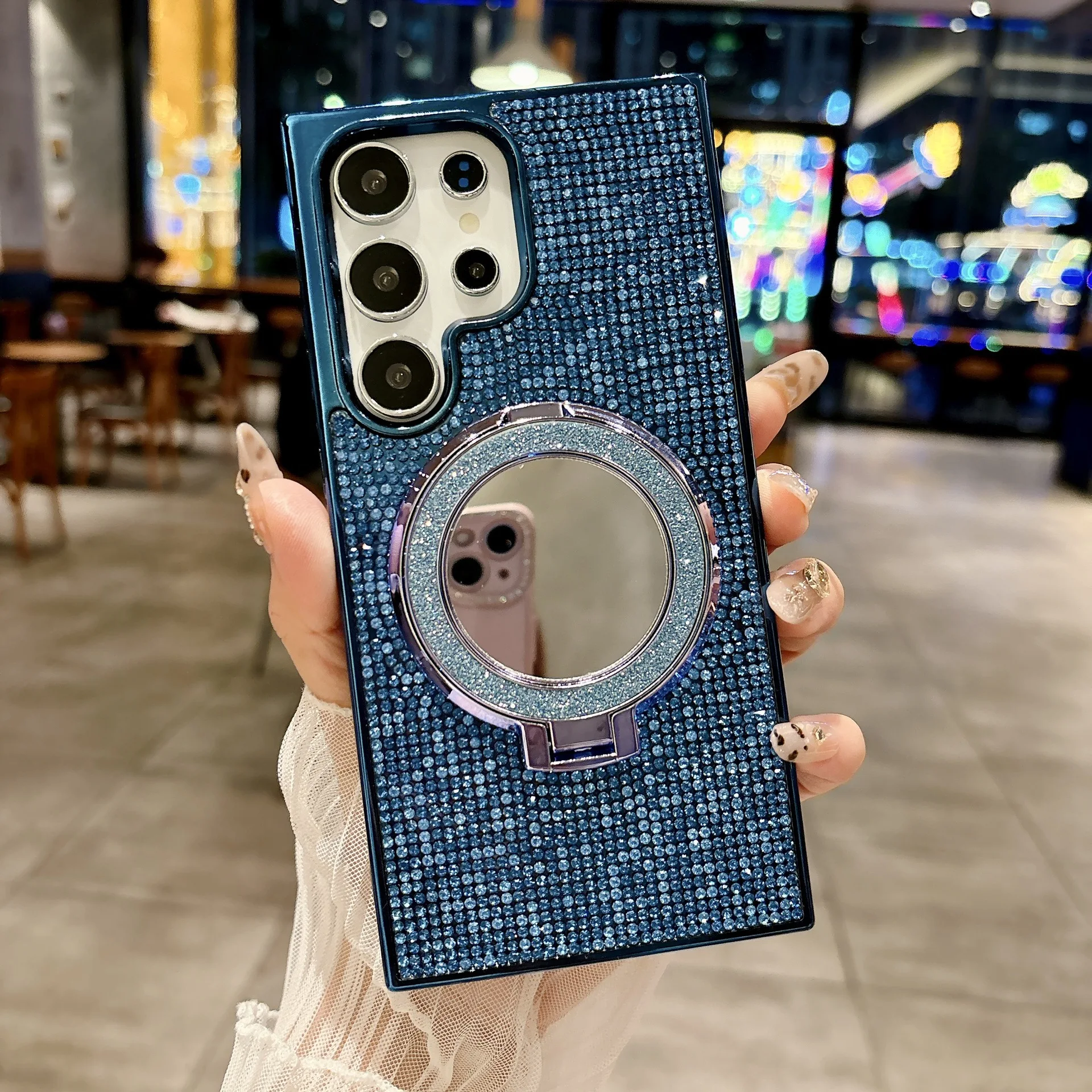 Luxury Diamond Mirror Phone Case with Magnetic Glitter Ring Stand