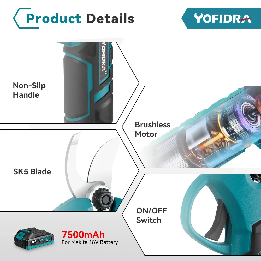 Yofidra 30mm Brushless Electric Pruning Shears 2 Gears Cordless Rechargeable Fruit Tree Bonsai Pruning For Makita 18V Battery