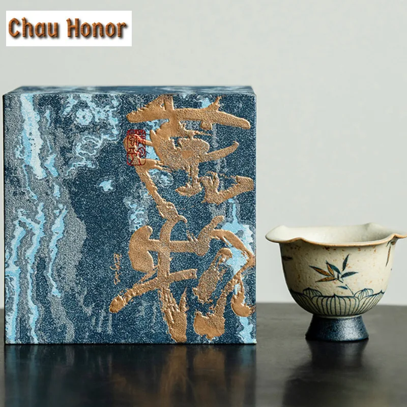 55ml Ancient Blue And White Flint Red Teacup Handmade Gold Drawing Bamboo Tea Bowl Single Cups Meditation Cup Chazhan Teaware