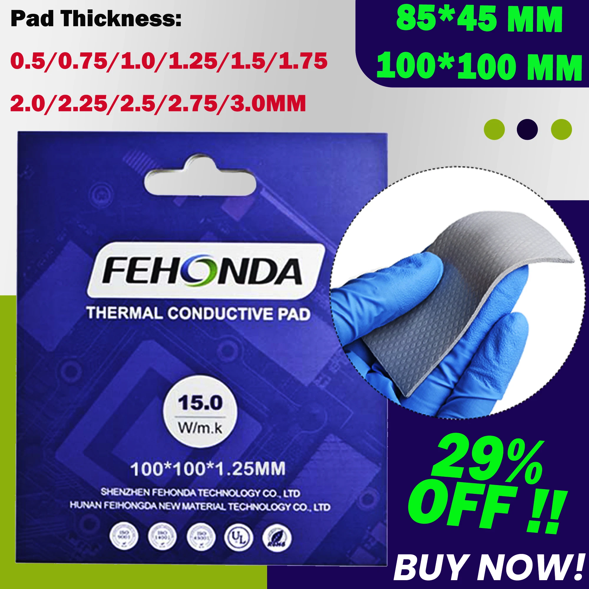 Fehonda Thermal Conductive Pad Soft Custom Silicone Gpu Cpu Rtx4090 0.5 mm 0.75 mm 1.0 mm 1.25 mm 1.5 mm 1.75 mm 2.0 mm 3.0 mm 15w 12w 8w