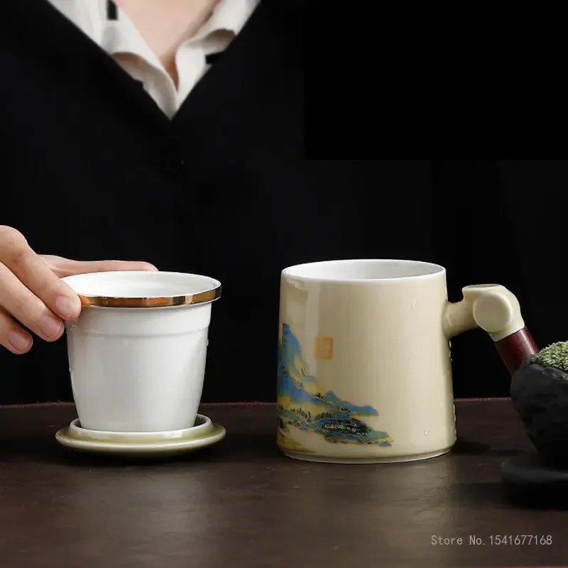Chinese style Creative Ceramic Tea Cup with Filter, Water Separation, High Color Teacup, Home Office Mugs with Cover, 350ml, 1Pc