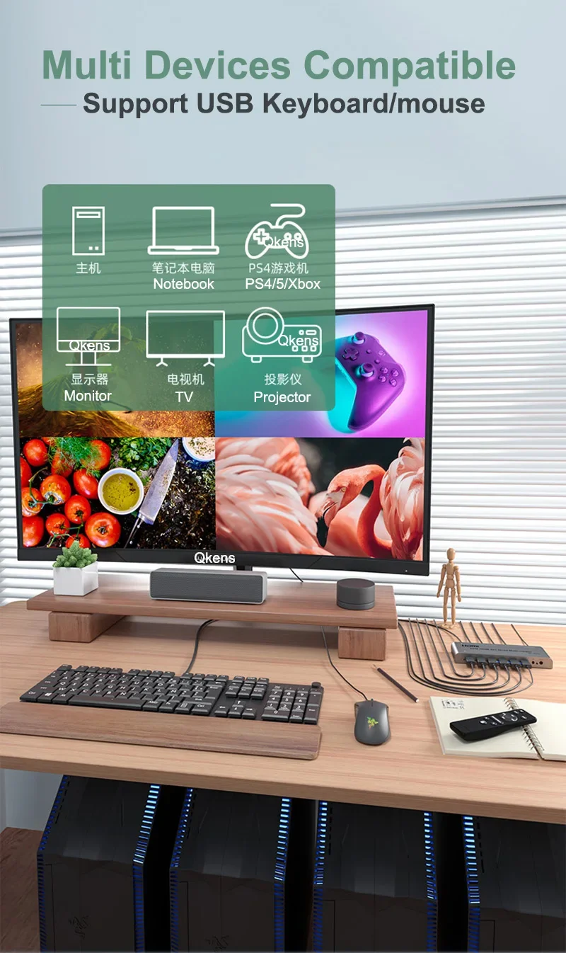 4K HDMI 4X1 KVM 쿼드 멀티뷰어 비디오 프로세서 멀티 스크린 멀티뷰어 원활한 스위치 1080P 지원 키보드, 마우스 통과 가능