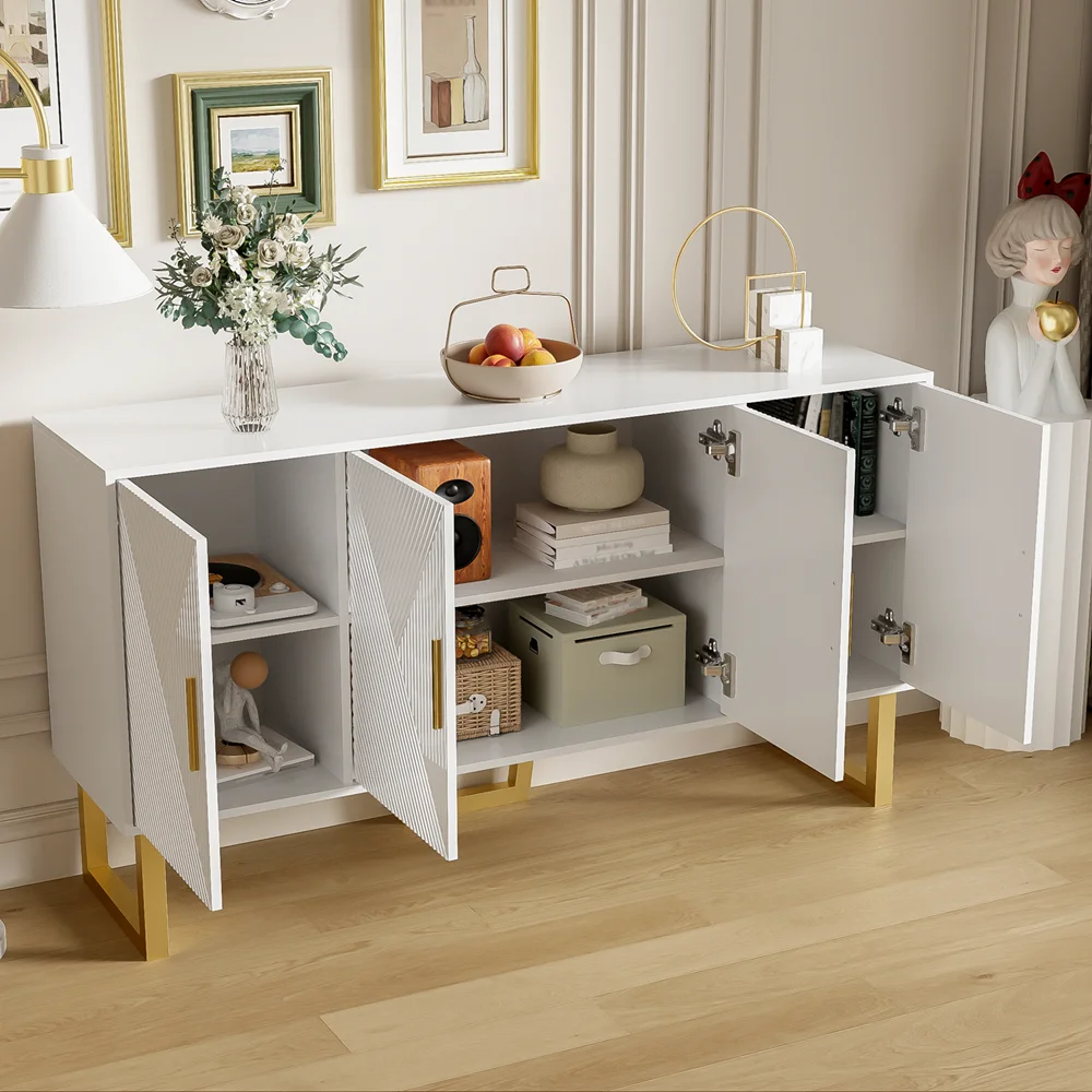 150cm modern, luxurious white sideboard, high-gloss structured doors gold handles 4-door design, height adjustable – Detail 7