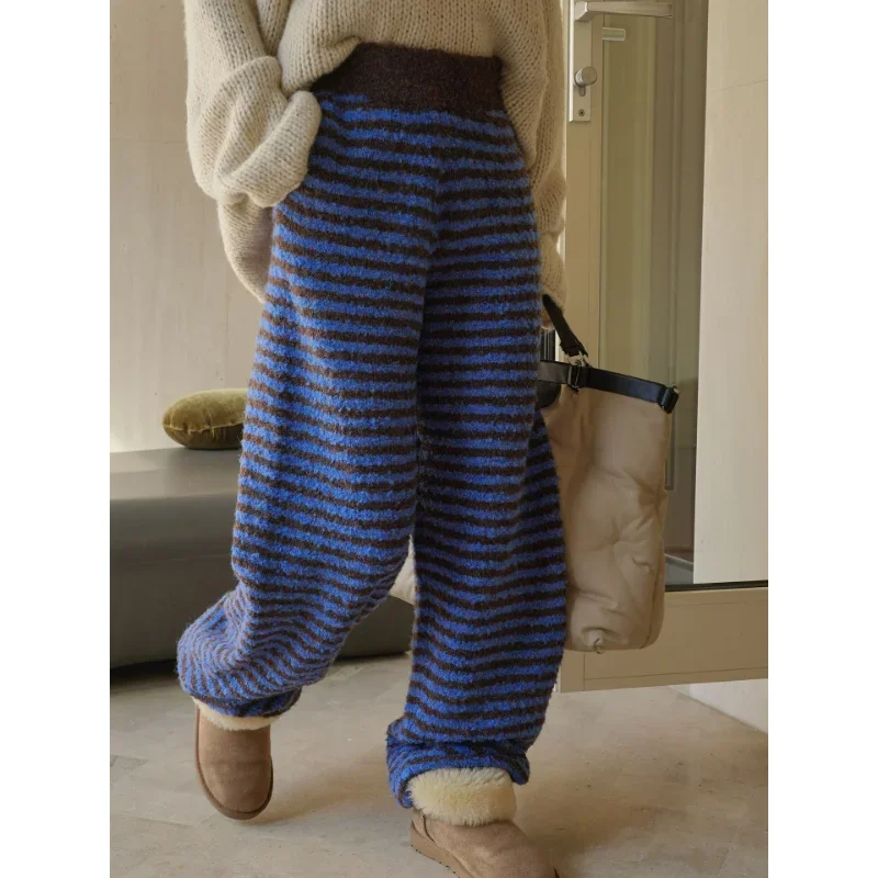 Winter Contrast Striped Wool Knitted Pants Women Loose Warm Fashion Lazy Casual Trousers Elastic Waist Black White Drawstring