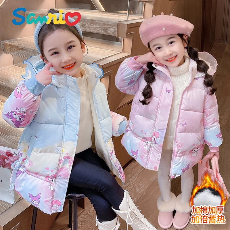 

Длинная хлопковая куртка с аниме Sanrios My Melody Kuromi, зимняя бархатная детская парка средней длины с принтом, пальто, детский комбинезон, одежда для малышей