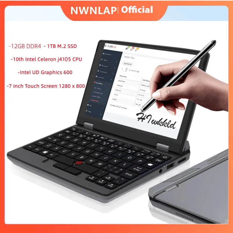 7 Pollici Pocket Laptop J4105 Notebook Touch Screen Portatile Netbook Win 10 Pro 12G + 1Tb Mini Pc Micro Computer Bluetooth 4.2