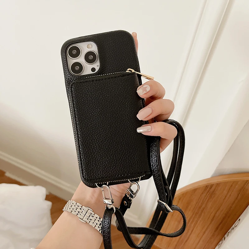Luxury Zipper Card Slots Wallet Crossbody Strap Case in PU Leather