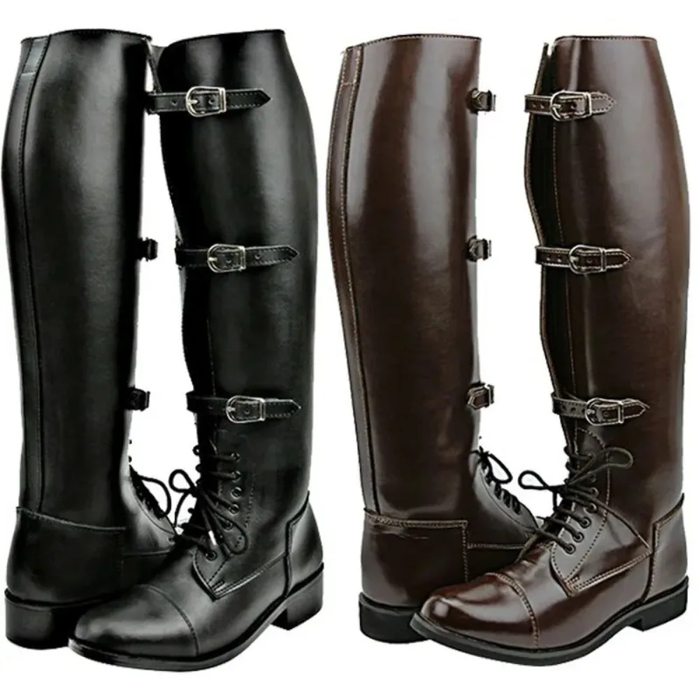 Men male knee high boots low heels knight shoe man vintage PU leather shoes mens zapatos de hombres personlizar zapatosM1085