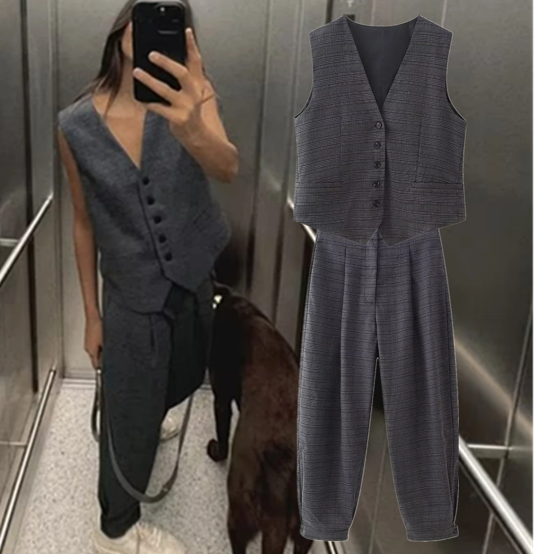 Jenny&Dave Straight Leg Jogger Trousers Casual High Waist Pants Sets Women British Fashion Retro Plaid Tank Top Vest new fashion jeans women s straight loose nine point wide leg pants spring 2022 students loose retro high waist trousers trend