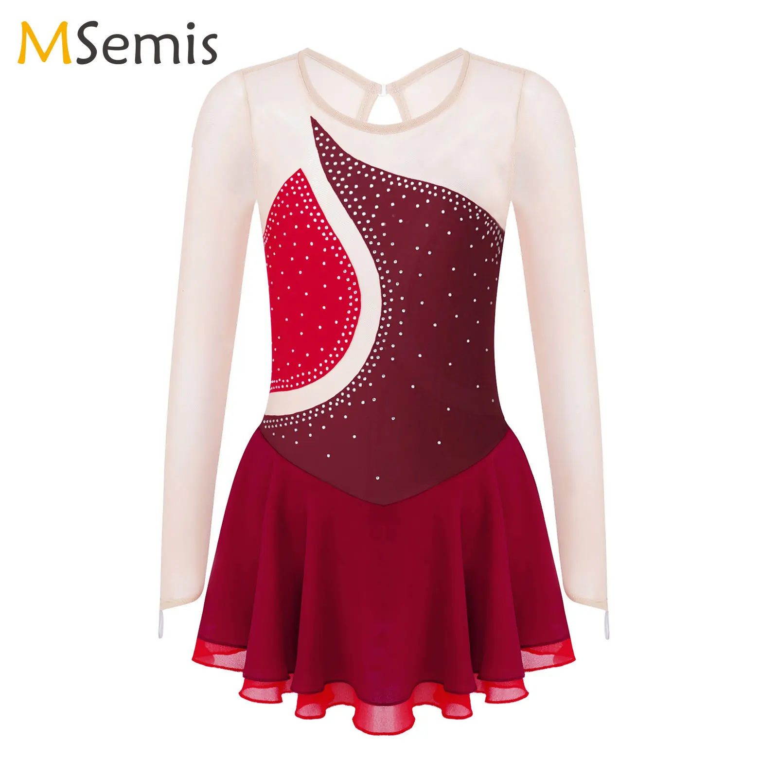 

Girls Rhinestone Figure Skating Dress See-through Ballet Leotards Dresses Mesh Patchwork Style Hollow Out Performance Dancewear