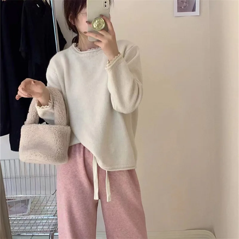 Autumn Female O Neck Long Sleeve Lace Pullover Knitwear