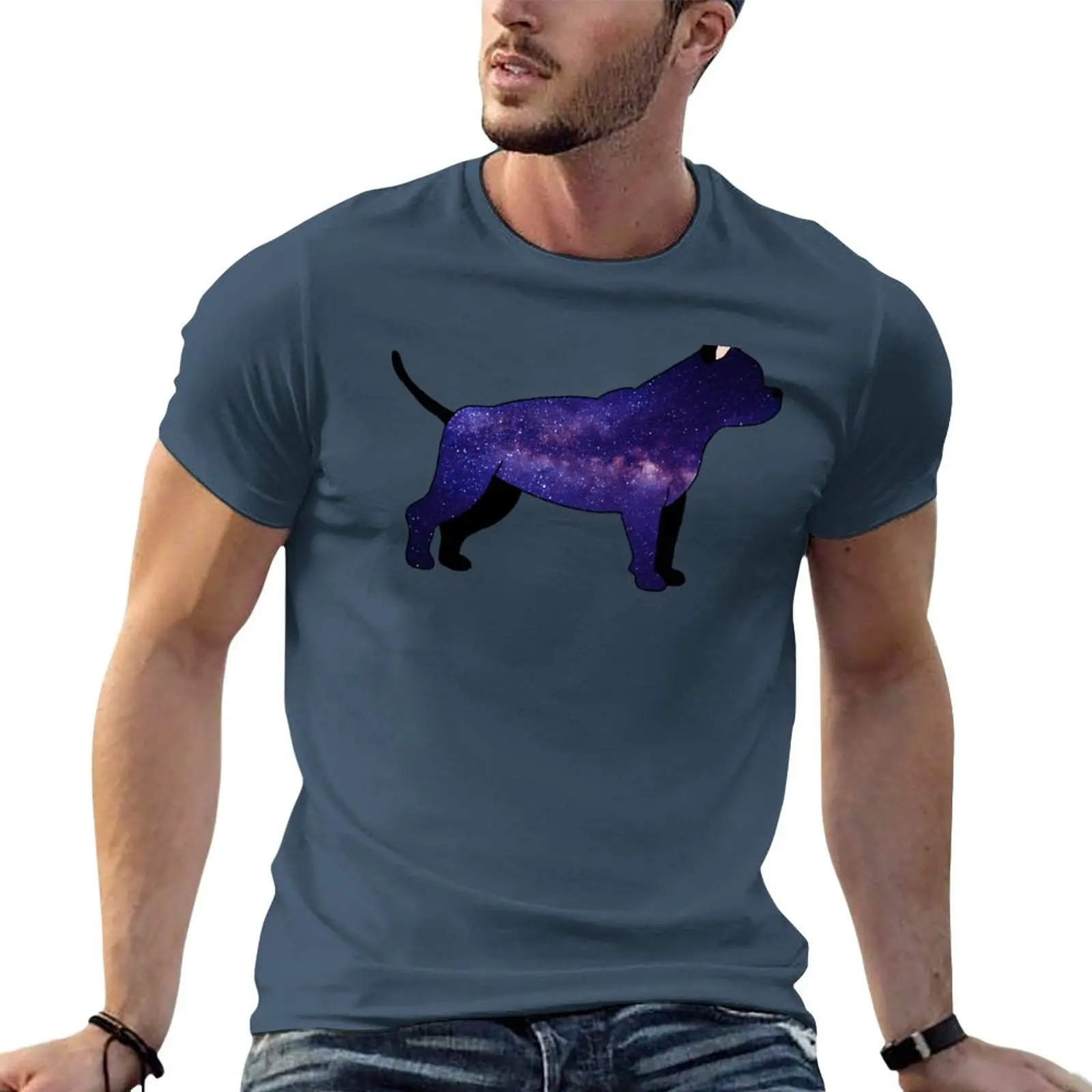 Space Blue Stafter Bull Terrier T-Shirt Anime Clothes Hippie Clothes Mens Plain T-Shirt