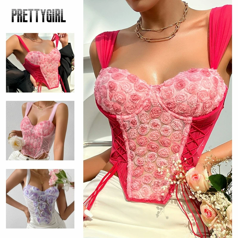 

Women's Y2K Spicy Girl Fitted Cami Tops Sleeveless Flower Decor Cross Bandage Slim Crop Tops