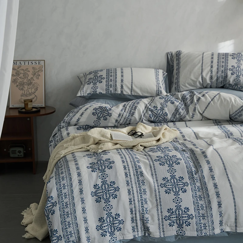 Waliicorners 4Pcs Bedding Set Nordic Double Quilt Cover Set Bed Linen Fitted Sheet Pillow New Bohemian Jacquard Washed Cotton 32 Sf7af1b32ff2744ac9a0eab1191fba2e1F