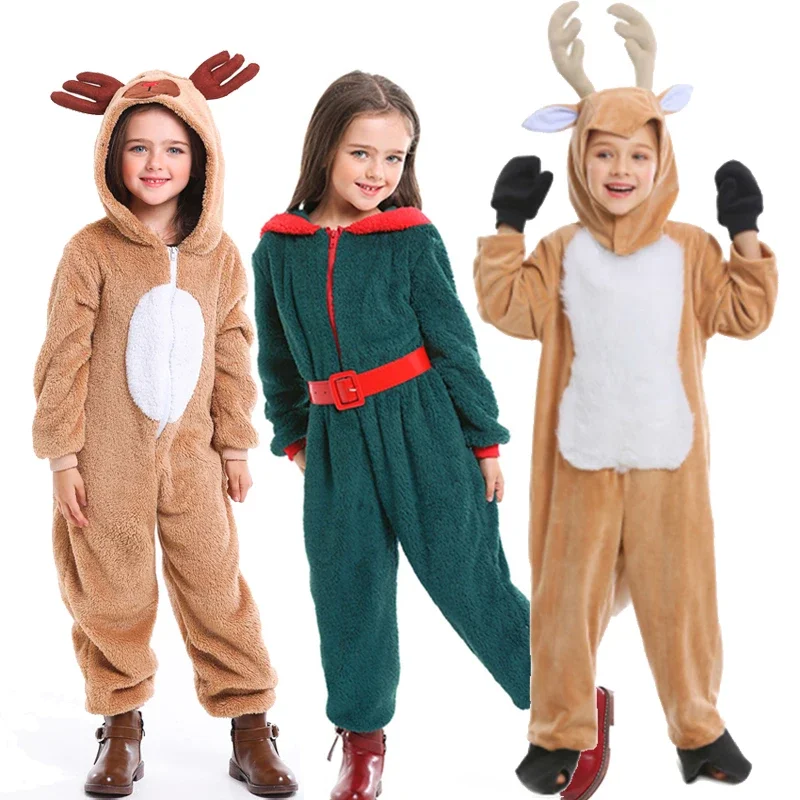 

Unisex Kids Reindeer Christmas Animal Costume Hooded Pajamas Flannel Elk Mascot Cosplay Carnival Halloween Fancy Party Dress