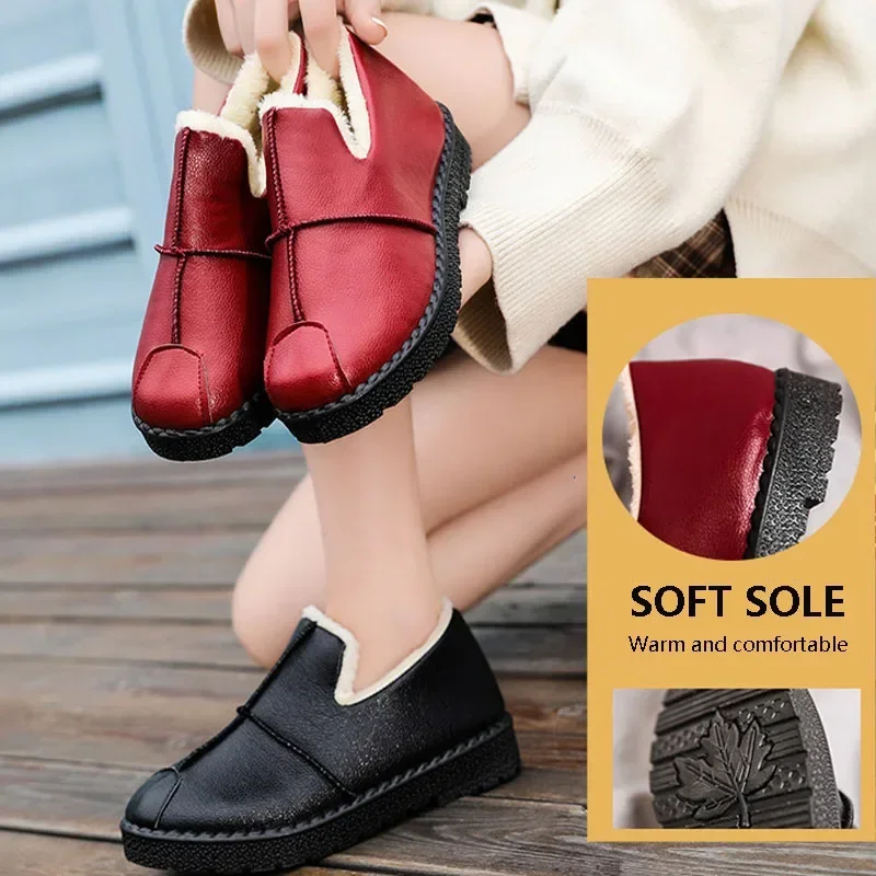 Winter Women's Cotton Shoes PU Waterproof Cotton Shoes Padded Warm Work Shoes Thick Bottom Elderly Cotton Boots Shoes