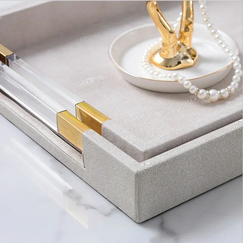 Metal Tray Leather Acrylic Gary Rectangular Jewelry Display Serving Plate Storage Decoration Home Kitchen Organizer Supplies