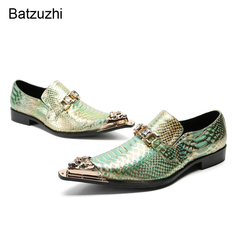 Batzuzhi Italian Type Men's Shoes Slip on Formal Business Leather Dress Shoes Men Golden Metal Toe Fashion Party, Wedding Shoes!