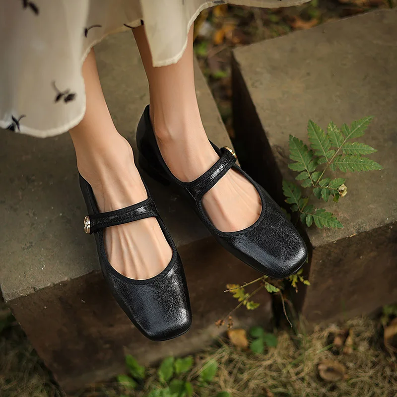 

Phoentin black classic Genuine leather mary janes shoes for women 3cm middle heels 2024 spring retro square toe Pumps FT3164