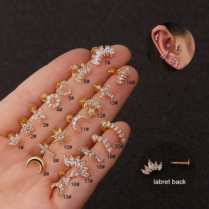 1PC 16G Cross Heart Flower Crown Tragus Helix Stainless Steel Labret Lip Bar Rings Stud Cartilage Ear Piercing Body Jewelry