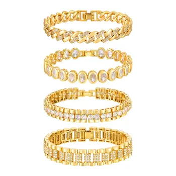 Paperclip Chain Bracelet 14K Gold Plated Cubic Zirconia Watch Strap Chunky Link Adjustable Stackable Jewelry For Women Girl Gift 2