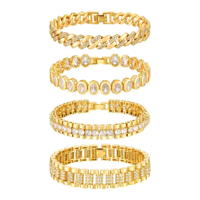 Paperclip Chain Bracelet 14K Gold Plated Cubic Zirconia Watch Strap Chunky Link Adjustable Stackable Jewelry For Women Girl Gift 2
