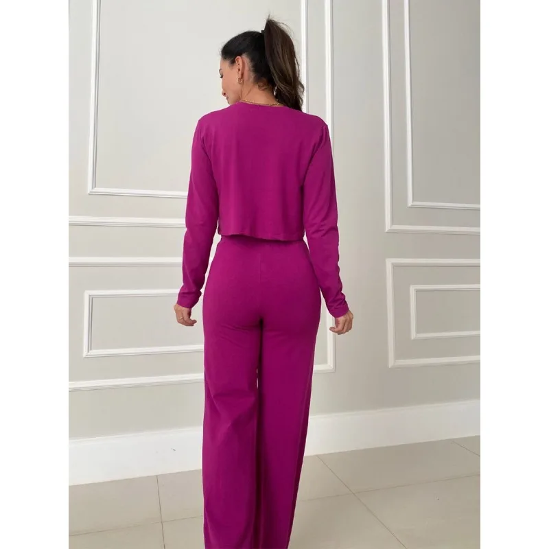 Female Fashion Crop Long Sleeve Tops & Casual Pants Set Autumn & Winter Temperament Commuting Two Piece Sets Outfits for Women