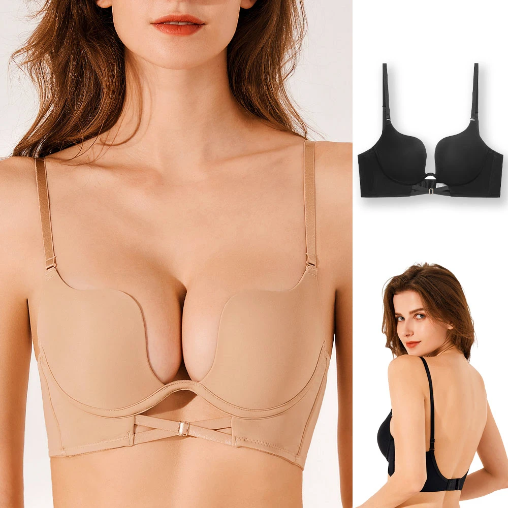 

Plunge Bras for Women Open Back Brassiere Lingerie for Wedding Backless Bras Push Up Underwear Low Cut Deep U Shaped Top Sexy