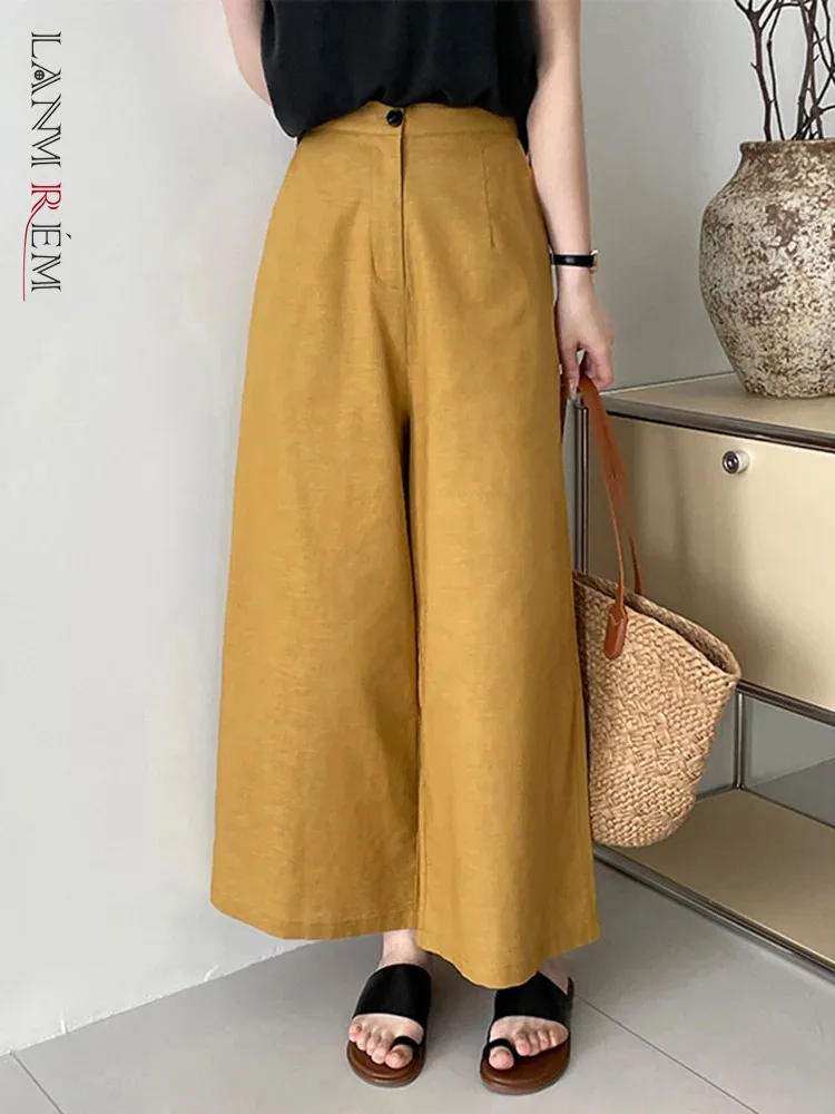 [LANMREM] Minimalism Linen Wide Leg Pants For Women Elastic High Waist Sunscreen Trousers Fashion 2024 Summer New 26D9287
