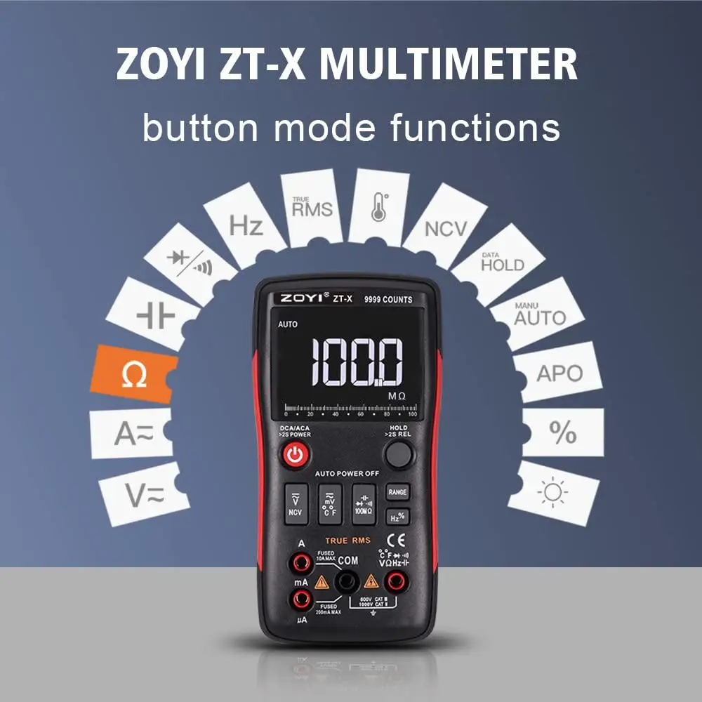 

ZT-X Digital Multimeter 9999 Counts AC DC Voltmeter and Ohm Volt AMP Automatic Range Tester;Button Multimeter Measures Current C