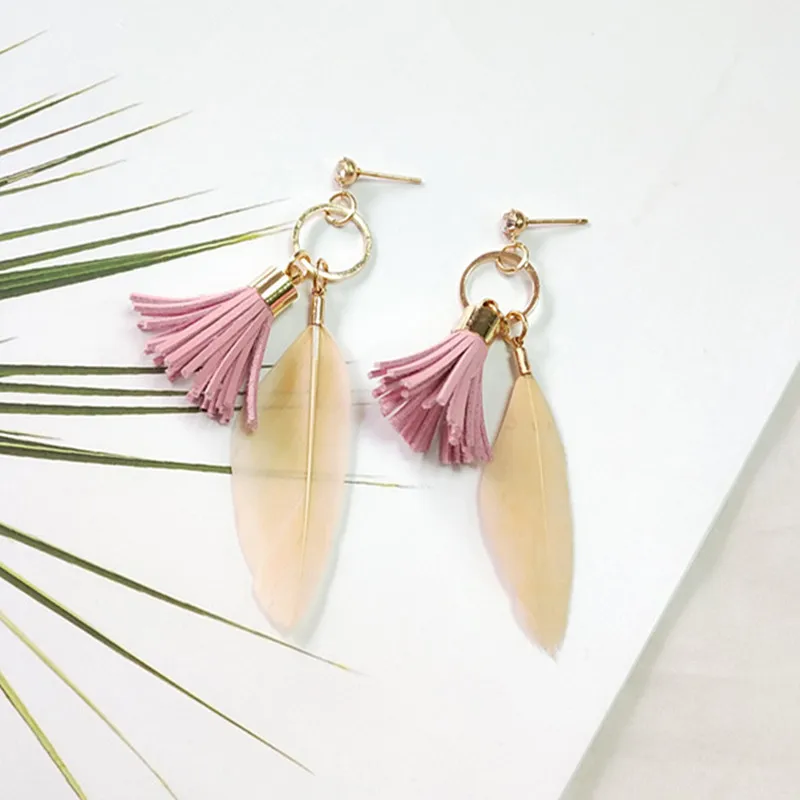 

New Fashion Bohemian Ethnic Fringed Tassel Earrings For Women Golden Round Long Feather Earrings Jewelry Gift