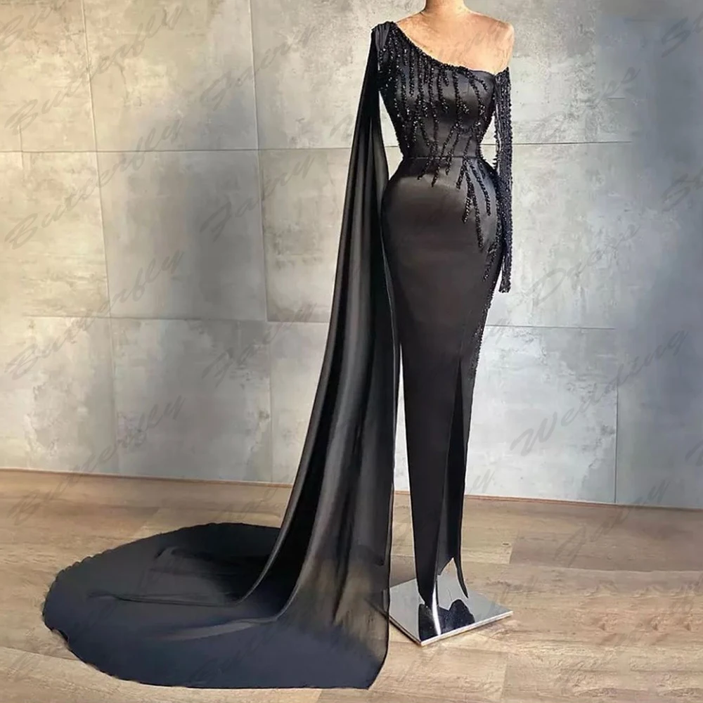 

Роскошные Новые Вечерние платья а-силуэта, простые атласные соблазнительные платья-русалки с открытыми плечами и длинным рукавом для выпускного вечера для женщин, индивидуальный пошив