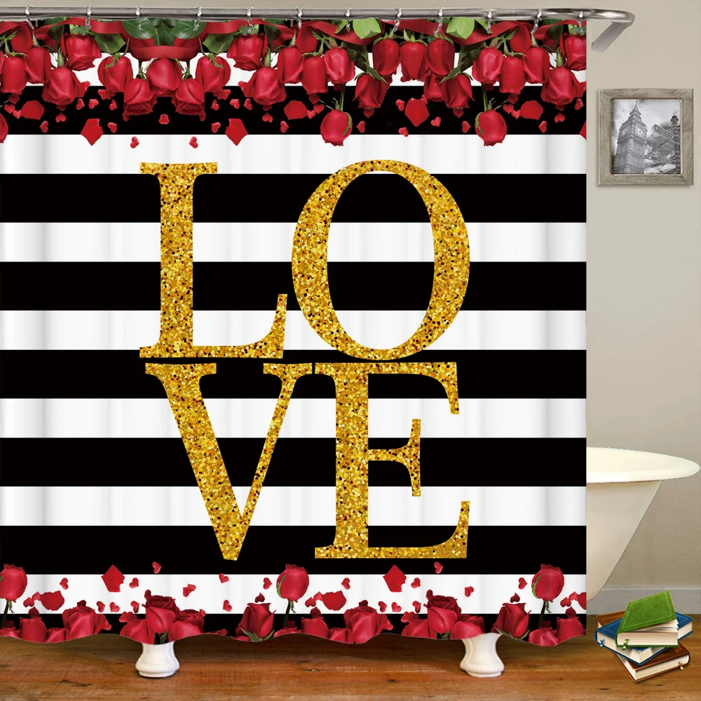 

Love kiss Rose Flower Fabric Shower Curtain Bathroom Curtains Waterproof Polyester Home Decoration Bath Curtain with 12 Hooks