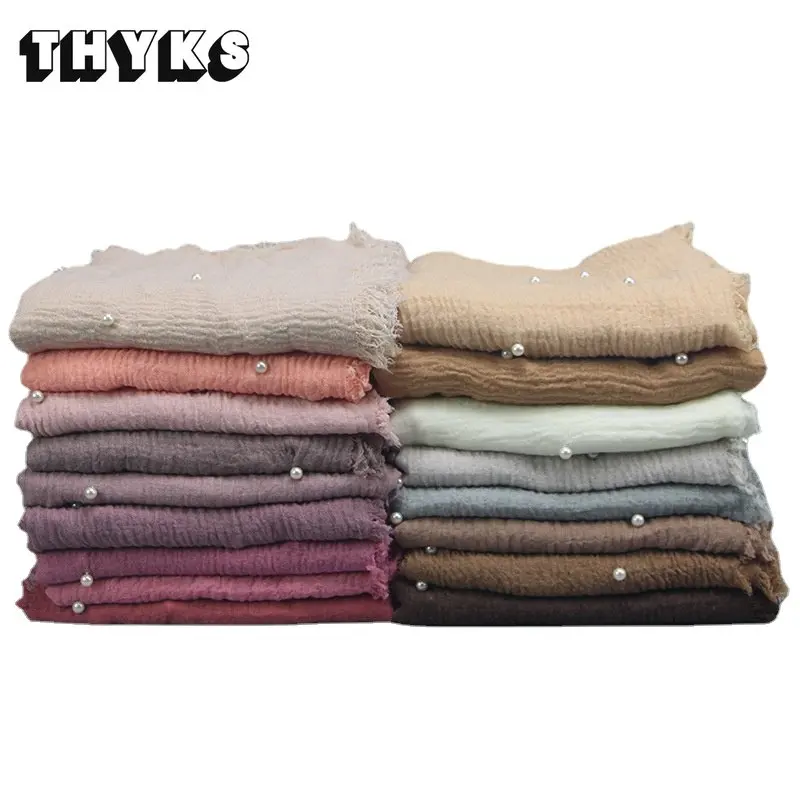 

2020 Design Women solid Pearls scarf women bubble muslim hijab scarves pashmina foulard shawls bandana scarf big shawls wraps