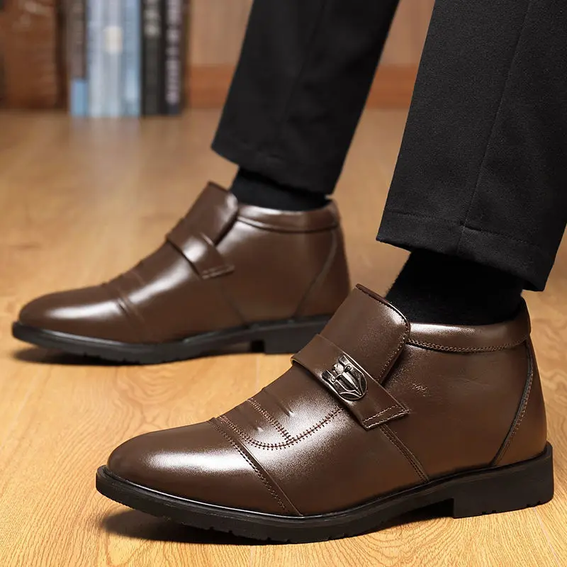 New Genuine Leather Winter Boots Men Winter Shoes Cowhide Leather Warm Shoes Plush Black Chelsea Boots Man Ankle Booties