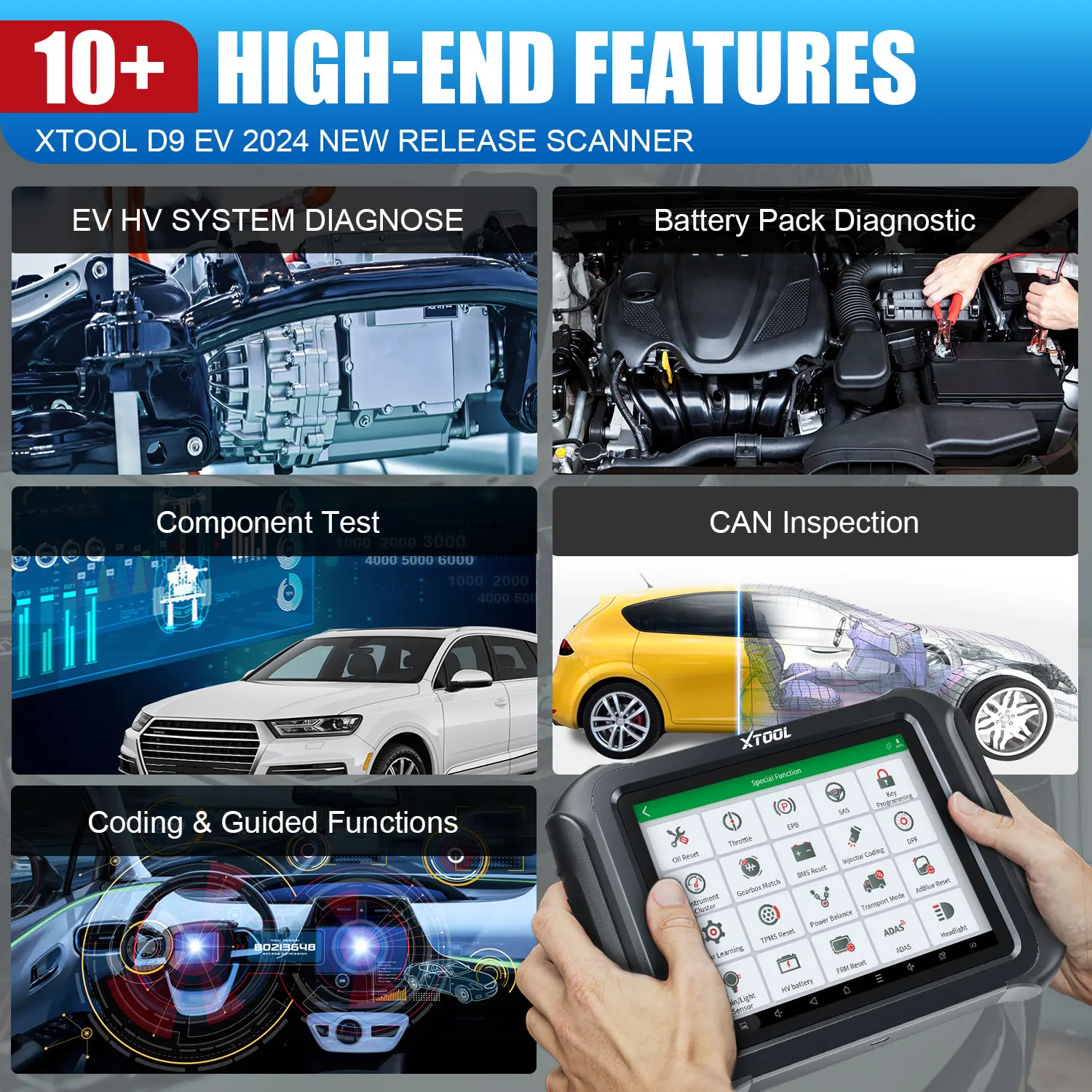 XTOOL D9EV EV 자동차 배터리 팩 분석 자동차 진단 기계 양방향 42+ ECU 코딩 재설정 2년 보증