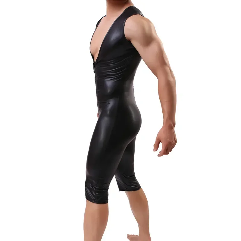Sexy Men's Undershirts Sleeveless PU Leather Bodysuits Zipper Open Crotch Leotard Jumpsuits Underwear Gay Male Wrestling Singlet