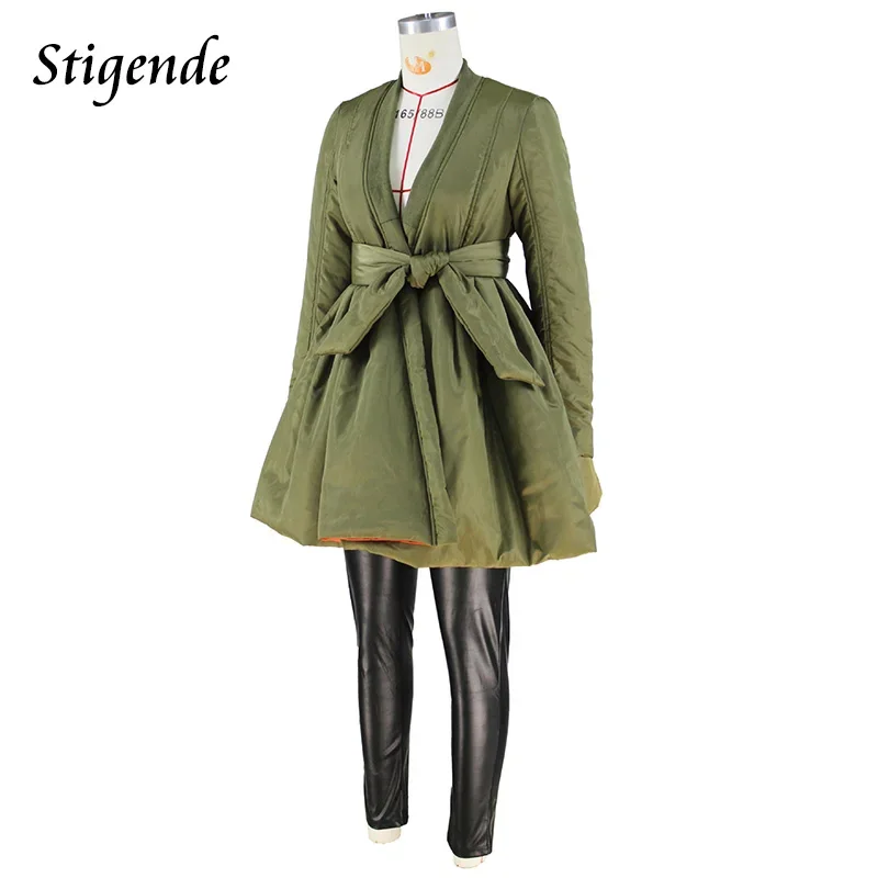Stigende Bandage Green Thicken Quilted Coat Women Puffer Cotton Padded Jacket Kimono Patchwork Winter Warm Parka Coats